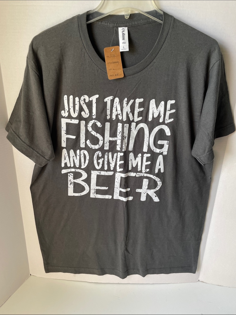 Tultex Men's Large  Charcoal T-Shirt  " Take me fishing and Give me a beer " NWT